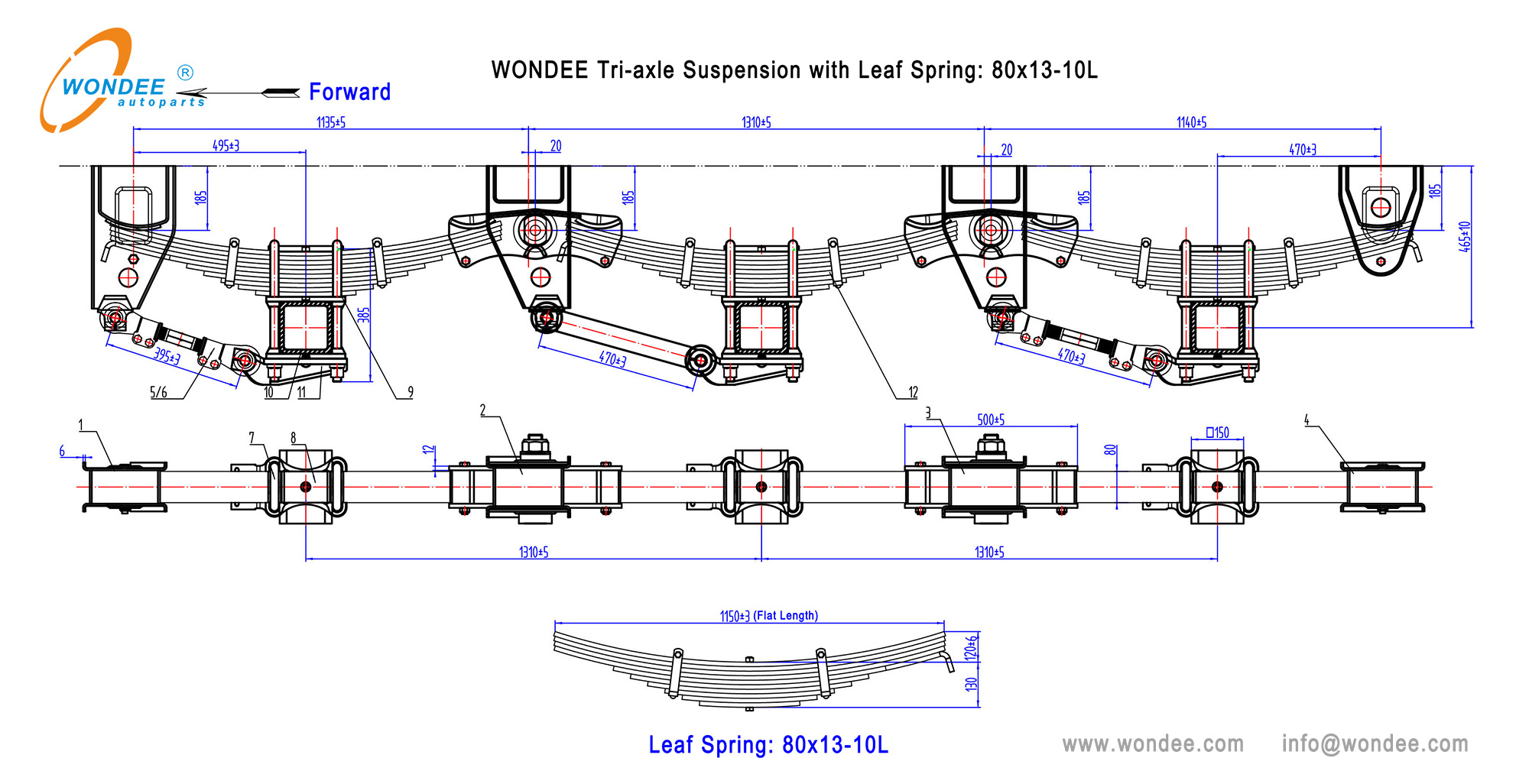 Wondee Tri-Axle Survession с листовой пружиной 80x13-10L-2